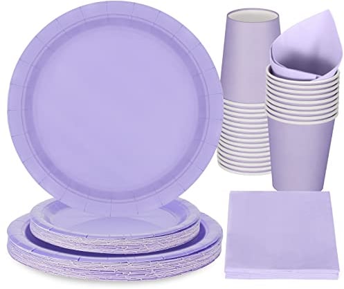 PARTY GO 96 Pcs Purple Paper Plates, Party Plates Cups and Napkins Disposable Party Tableware Set Supplies for Birthday Wedding Holiday Graduation Baby Shower Decorations Serve 24 Guests