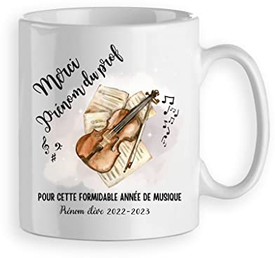 mug tasse cadeau merci professeur de violon, prof de violon, enseignant de musique, personnalisé prénom 2 faces