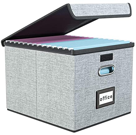 Finew Upgraded Portable File Organiser Box with Lid, Foldable Linen Hanging Filing Storage Boxes with Plastic Slide, Decorative Home/Office Filing System for File and Folders Storage (Grey)