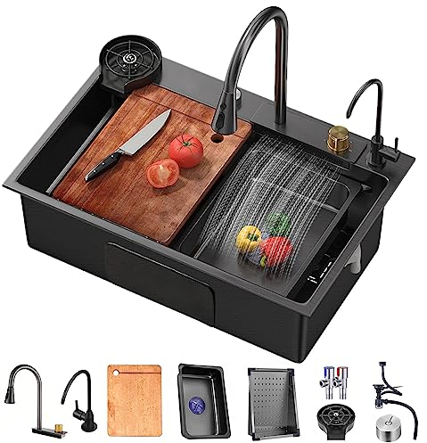 ECTbicyk Fregadero en cascada, 304 fregadero de cocina de acero inoxidable, fregadero de cocina con grifo retráctil y otros accesorios (80 x 45 cm)
