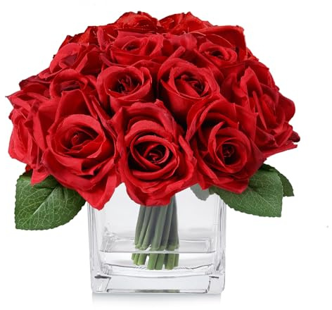 rubystory 18 Köpfe Rote Rose Kunstblumen in Vase mit künstlichem Wasser, Seidenrose mit Vase für Esstisch, Schlafzimmer, Hochzeitsdekoration (rot)