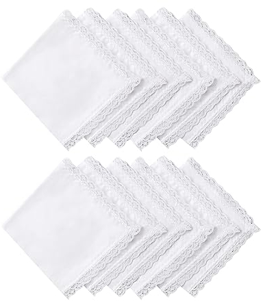 HOULIFE Taschentücher Hochzeit – Kleine Stofftaschentücher Damen, Taschentuch Hochzeit aus Gekämmte Baumwolle Weich Bunt Stickereien mit Spitzen, 12 Stücke, 25x25cm, Weiß