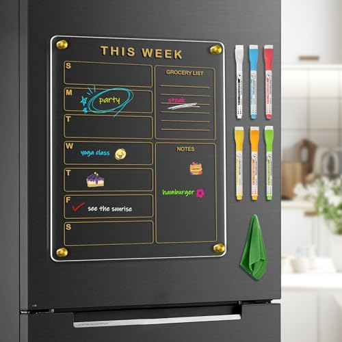 4 THOUGHT Acrylic Weekly Planner Fridge Calendar, Magnetic Acrylic Whiteboard for Refrigerator 30 x 40cm Clear Vertical Weekly Calendar White Board with 6 Markers 1 Rag for Wall Kitchen Home, Gold