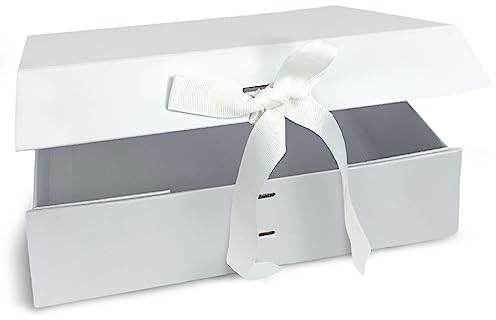 Verpackungswelt Geschenk-Box mit Deckel | 31 x 22 x 10 cm | Geschenk-Karton mit Magnet-Verschluss & edler Schleife | Perfekt für Geburtstag, Hochzeit, Geburt | Geschenk-Verpackung in Weiß