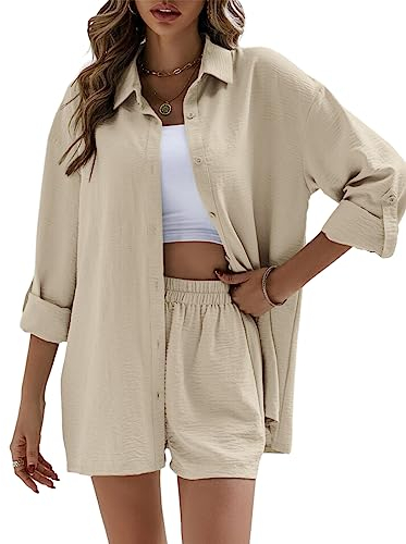 Geagodelia Damen Zweiteiler Elegant Hosenanzug Sommer Outfits Kleidung 2 Teiler Set Bluse Top + Shorts Y2k Aesthetic Clothes Loungewear Anzug (C - Beige, M)