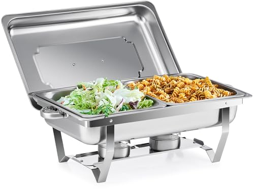 WILPREP Chafing Dish Buffet Set, 9L Chafer for Catering with 2 Half Size Food Pans Fuel Holders Lid Foldable Frame, Food Grade Stainless Steel Food Warmer for Parties Buffets Banquets Dinners