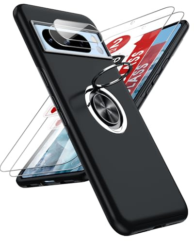 LeYi for Google Pixel 8 Pro Phone Case with 2 Screen and 2 Lens Protector | with 360 Ring Holder Stand Magnetic Shockproof Heavy Duty Protective Phone Cover for Pixel8 Pro Black
