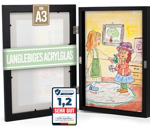 KIYARI Bilderrahmen Kinderzeichnungen A3 Schwarz, Aufklappbar & Frontöffnung, für bis zu 150 Zeichnungen, Robustes Holz & bruchsicheres Glas, Ideal für Kunstprojekte, Kinderzimmer & Schule