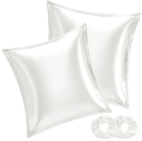 Vielit 2 Stück Satin Kissenbezug 80x80 Ivory, Weich wie Seidenkissenbezug, Bessere Pflege als Silk Pillosecase, Satin Kopfkissenbezug Kissenhülle für Haar und Haut kommt mit 2 Haargummis