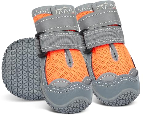 Sezlinver Hundeschuhe mit Rutschfester Sohle, 4er Pack Verstellbarer Pfotenschutz mit reflektierenden Bändern, waschbare und atmungsaktive Hundeschuhe für kleine, mittlere und große Hunde (5), Orange