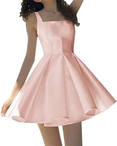 WSEYU Robe de bal courte en satin dos nu pour adolescent, col carré, robe de cocktail, de fête, rose pâle, taille 40