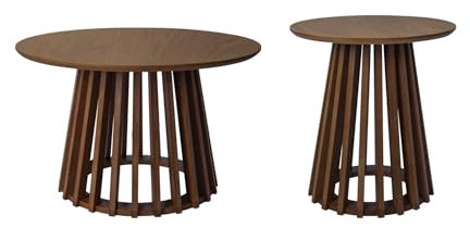 sweeek - Set de 2 Tables Basses Rondes Plateau Effet Bois Noyer et Pieds en Bois de Sapin. Ø40cm et Ø60cm