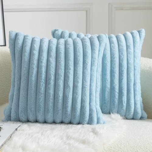 Mandioo 2er Set Kissenbezug gestreiftes Künstlich Pelz Superweich Kissen Flauschig Modern Kissenhülle Deko Sofa Wohnzimmer Schlafzimmer Kissenbezüge 45 x 45 cm Hellblau