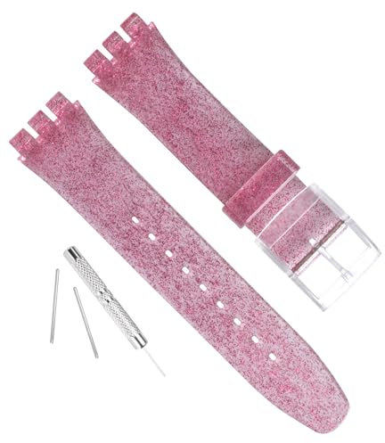 GREENOLIVE Bracelet de montre de rechange en caoutchouc de silicone pour Swatch (17 mm, 19 mm, 20 mm) (17 mm, rose scintillant)