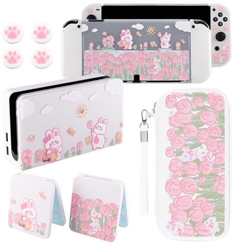 PAWSWORLD Switch Carrying Case for Nintendo Switch OLED Travel Case Include OLED Switch Protective Case Dock Cover Shell Switch Game Card Cute Switch OLED Storage Bags Kit - Little Rabbits