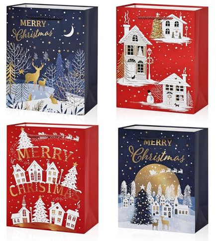 BBLIKE 4 Stück Geschenktüten Weihnachten - Weihnachtstüten mit Henkel Muster des Weihnachtsbaum und Elch, Weihnachten Papiertüten für Weihnachts geschenk, Weihnachtssüßigkeiten, Weihnachtsfeier