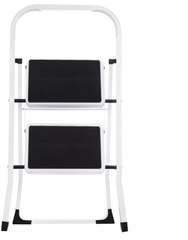 2 Step 3 Step Steel Portable Folding Heavy Duty Anti Slip Step Ladders For DIY Gardening 150kg Capacity Kitchen Home Industrial Strong Durable Space Saving Safety Lock Ladders (White/Black, 2 Steps)