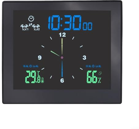 Besttoolifes Horloge murale électronique silencieuse avec affichage de la température et de l'humidité, compte à rebours, double alarme, fonction snooze, design étanche pour salle de bain cuisine avec