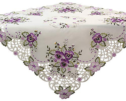 Quinnyshop Bestickte Tischdecke mit lila Blumenmotiv, Polyester, Weiß – 85 x 85 cm