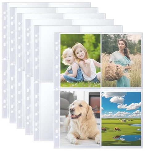 60 Pack A4 Fotohüllen mit 480 Taschen, Transparent Postkartenhüllen | Doppelseitiger Foto Seitenschutz mit 4 Fächern, Top Loading Fotoalbum Nachfüllseiten für A4 2/3/4 Ringbuch