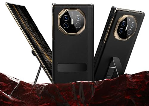 FDUJINH Cover per Huawei Mate XT, Vera Pelle Custodia Posteriore con Regolabile Cavalletto Lusso Cerniera Protezione Guscio,Nero,Mate XT