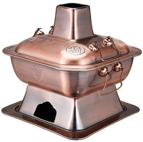 ZGFOZJGC Charcoal Copper Hotpot, Outdoor Shabu Hot Pot with Lid, Old Beijing Commercial Thick Cooking Pot, Split Design Easy to Clean Square Cookware for Camping Home Use,Brass,32cm/12.6inc