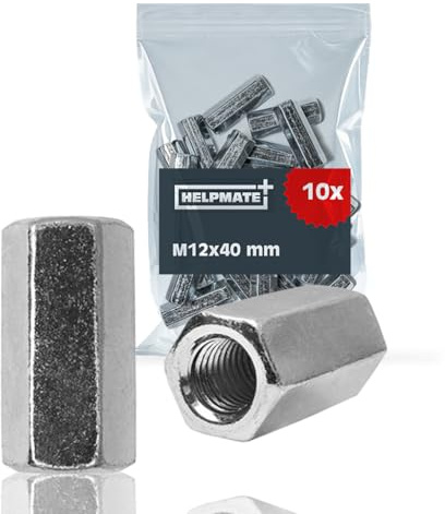 HELPMATE – M12 Verlängerungsmutter – galvanisch verzinkter Stahl – 10 Stück – Sechskant Verlängerungsmutter für die Verbindung von metrischem Gewinde (12x40x19)