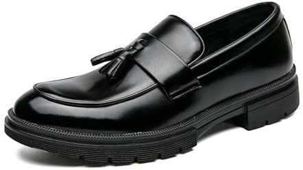 Amtopiyo Mocasines inteligentes con borlas para hombre, de piel de microfibra, sin cordones, zapatos de vestir formales, Negro -, 45 EU