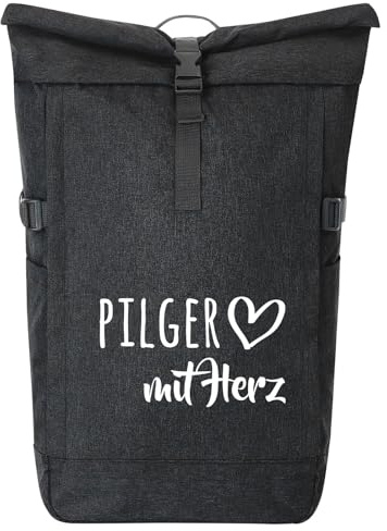 Huuraa Kurierrucksack Pilger mit Herz 30-44 Liter Black Melange Fairtrade Rolltop Rucksack Geschenkidee