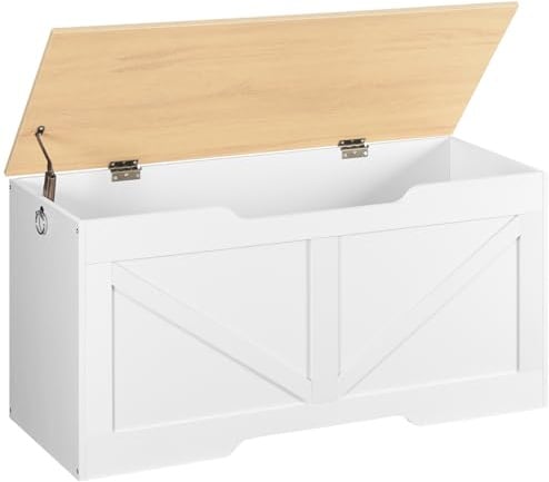 HOOBRO Truhen, Sitzbank mit Stauraum, Spielzeugkiste mit Deckel, Truhenbank, aufbewahrungsbox, 2 Ringen, 100cm, Robust, Stabil, für Kinder, Flur, Wohnzimmer, Weiß, Natürliche Holzfarbe EWN771CW01G1