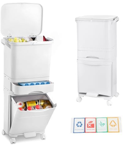 Cubo De Basura Cocina Multinivel 42L, cubo De Basura De Reciclaje Con Ruedas Bloqueables, Diseño Vertical Ahorrador Espacio, Separación Residuos Seco Húmedo, 3 En 1 Contenedor De Basuras De Cocina