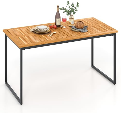 GIANTEX Esstisch Outdoor, 140 x 70 x 70 cm Gartentisch mit Sonnenschirmloch & Akazienholz Tischplatte, Terrassentisch für 6-8 Personen, Küchentisch für Garten & Zuhause
