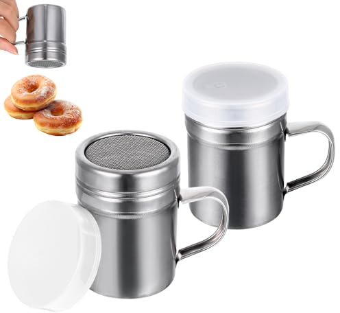 Puderzuckerstreuer, 2 Stück Klein Zuckerstreuer, Mini Silber Barista Zubehör für Puderzucker/Kakaopulver, Edelstahl Staubzuckerstreuer, Kakaostreuer für Cappuccino, Mehlstreuer mit Deckel