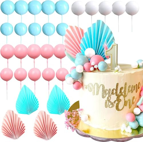 29-piece set of blue and pink cake decorations, Christmas ornaments, paper palm fan cake toppers, DIY cake labels, suitable for parties, weddings, bridal showers and birthday party decorations