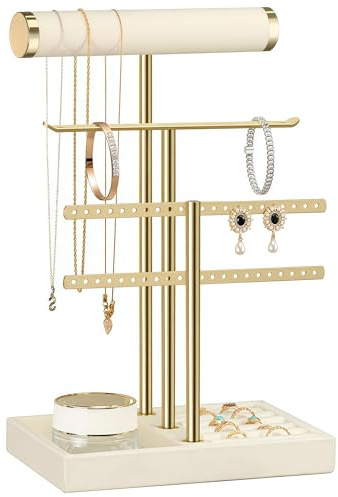 Kezidhp Schmuck Organizer 3 Ebenen Beige Samt Abnehmbar T-Steg Armbänder | Für Halskette, Uhren und Ringe, Samt-Oberfläche Schützend, Ebenen Flexibel Nutzbar, Schmuckständer Platzsparend, Elegant
