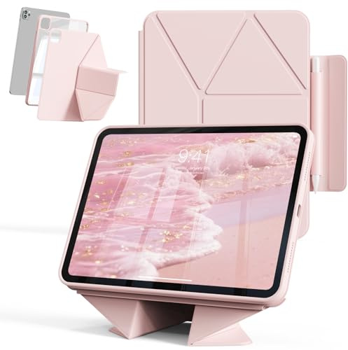 KVTVOU Clear Case for iPad Pro 11 Inch 4th/3rd/2nd Generation, 360° Rotatable Magnetic Bracket, Hard PC Clear Back, Stylus Storage Bag, Multi-fold Face Cover for iPad Pro 11, Pink