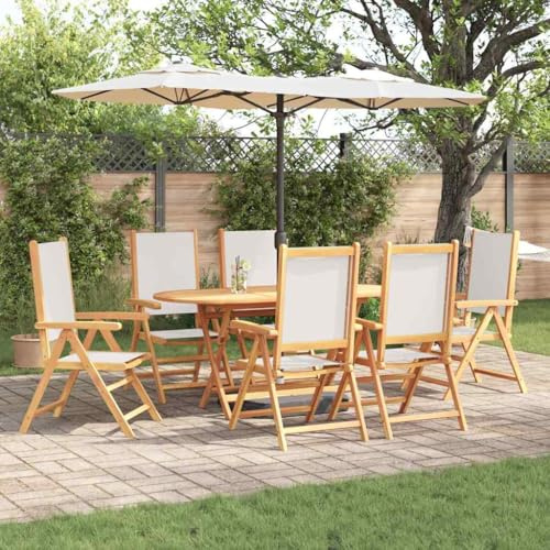 Bucmath Garten Essgruppe 7-teilig, Cremeweiß Massivholz Akazie, wetterfest, für Balkon Terrasse, Outdoor Esszimmer Set mit 6 Stühlen und Tisch, Robustes Terrassenmöbel
