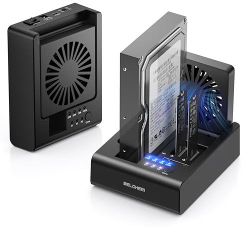BELCHERI 3-Bay Festplatten-Cloner-Dock, USB 3.2 Gen 2 10 Gbit/s für M.2 NVMe SSD & 2,5/3,5 SATA HDD, HDD/M.2 NVMe SSD Cloner Docking Station mit klappbarem Lüfter