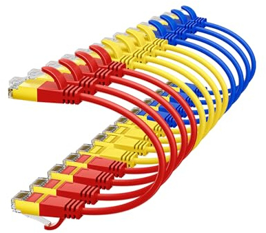 Werkybay Cable Ethernet & LAN CAT7 Ultrafino de 25cm, OD:3,8mm (Colorido, 12 Unidades), Cable de red corto de 10Gbps, patchcable cobre RJ45, 0,25m para Servidores, Módem, panel, Switch, PC etc.