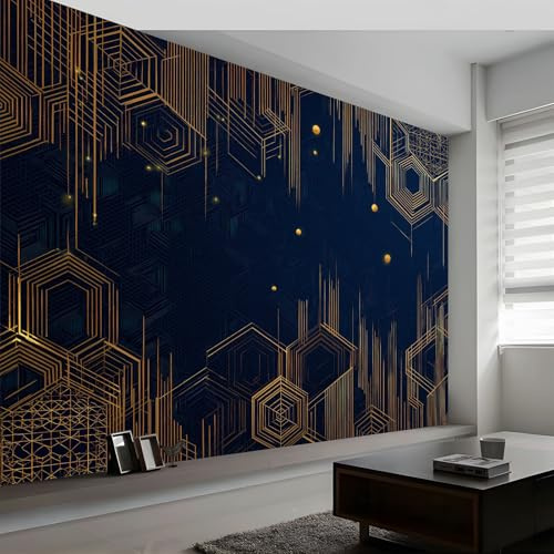 Papier Peint Intissé Art Déco 200L x 140H cm, Papier Peint Panoramique Bleu Marine Géométrique Or Rayures - Grandes Poster Mural Photo pour Salon Chambre Restaurant Décor Fond Tv