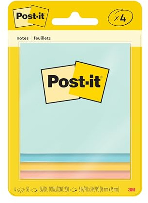 Post-it Notes, 3x3 in, 4 Pads, America's #1 Favorite Sticky Notes, Beachside Café Collection, Pastel Colors (Pink, Mint, Yellow), Recyclable (5401)