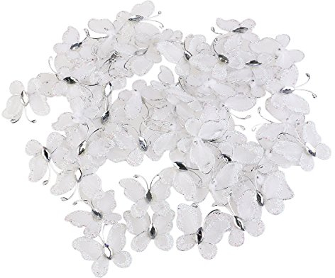LUOEM 50 Stück Glitter Schmetterlinge künstliche Schmetterlinge Schmuck für Hochzeiten schiere Mesh Wire Gem White