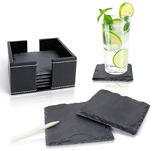 Amazy Schiefer Untersetzer Set (8 Stück) inkl. Kreidestift – Dekorative Glasuntersetzer aus 100% Natur Schieferplatten mit praktischem Halter aus Kunstleder – Tolle Geschenkidee (eckig | 10x10 cm)