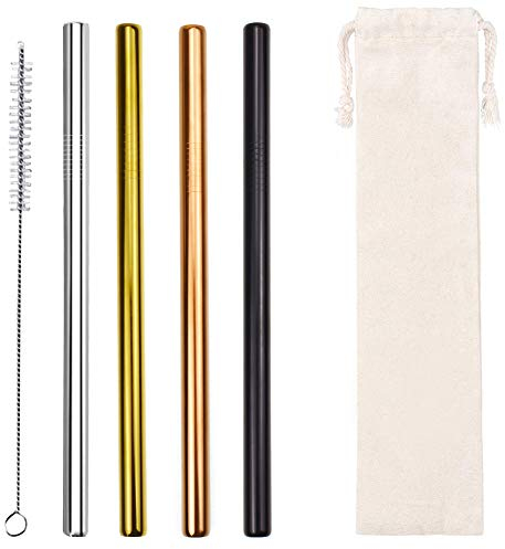 AF-WAN Lot de 4 pailles réutilisables en métal multicolore, pailles en acier inoxydable (12 mm) avec 1 brosse de nettoyage pour thé à bulles et boba, milkshakes (multicolore)