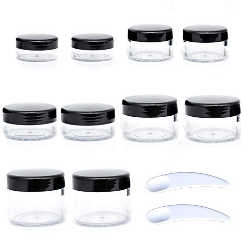 ZEJIA 10pcs Sample Containers with Screw Lids,5 Size 3/5/10/15/20 Gram Empty Cosmetic Jars with 12pcs Lables and 2pcs Mini Disposable Spatula,Makeup Sample Containers BPA Free