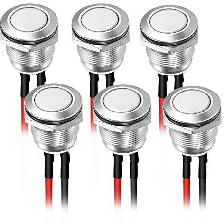 VISSQH 6pezzi 16mm Impermeabile DIY Pulsante Metallo Rotondo Mini Pulsante di Ritorno Automatico (Momentaneo,Pre-cablato，testa piatta) Per Campanello/Barca/Auto