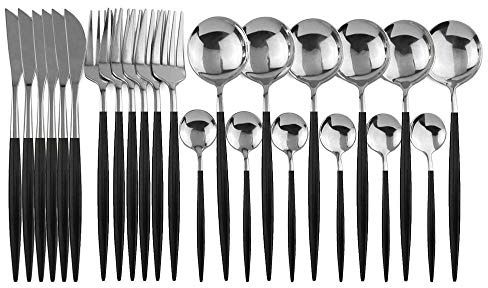 Ensemble de couverts en or 24 pièces, couverts en acier inoxydable miroir, ensemble de couverts, lave-vaisselle peut être utilisé, adapté à la cuisine à domicile-Noir argent