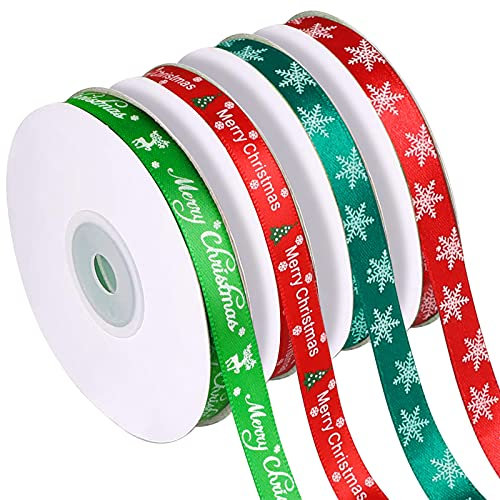 Schleifenband Weihnachten, 4 Rollen Geschenkband Rot Weihnachtsbänder Grün Rotes Satinband, Weihnachtsbaum Dekoband 10mm Breite Ripsband Schneeflocke Elch Bänder für Geschenk Dekoration(22m/Rollen)