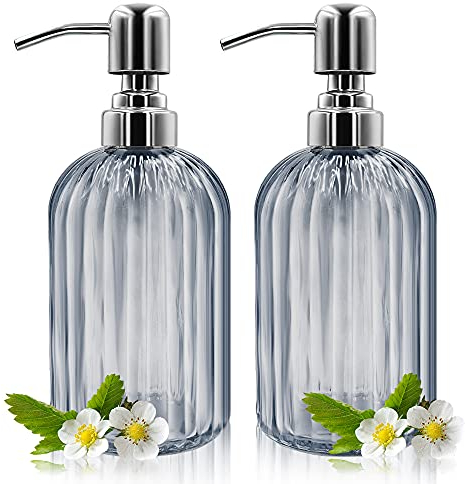 Glass Soap Dispenser - 2 Pack, 14 Oz, Rust Proof Stainless Steel Pump, Refillable Liquid Bottle, Premium Hand Jar Dispenser for Bathroom, Kitchen, Countertop (Grey)
