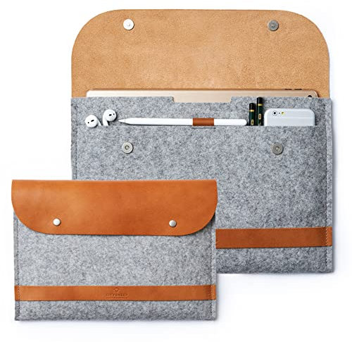 CITYSHEEP iPad Pro Sleeve 12.9 Leather Wool Felt Protective Case Carrying Bag. Two Compartments, Fits Charger, Cords, with Magic/Smart Keyboard attached. Tan/Gray Colour